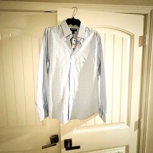 Express Men’s button down collared shirt with blue water mark pattern.